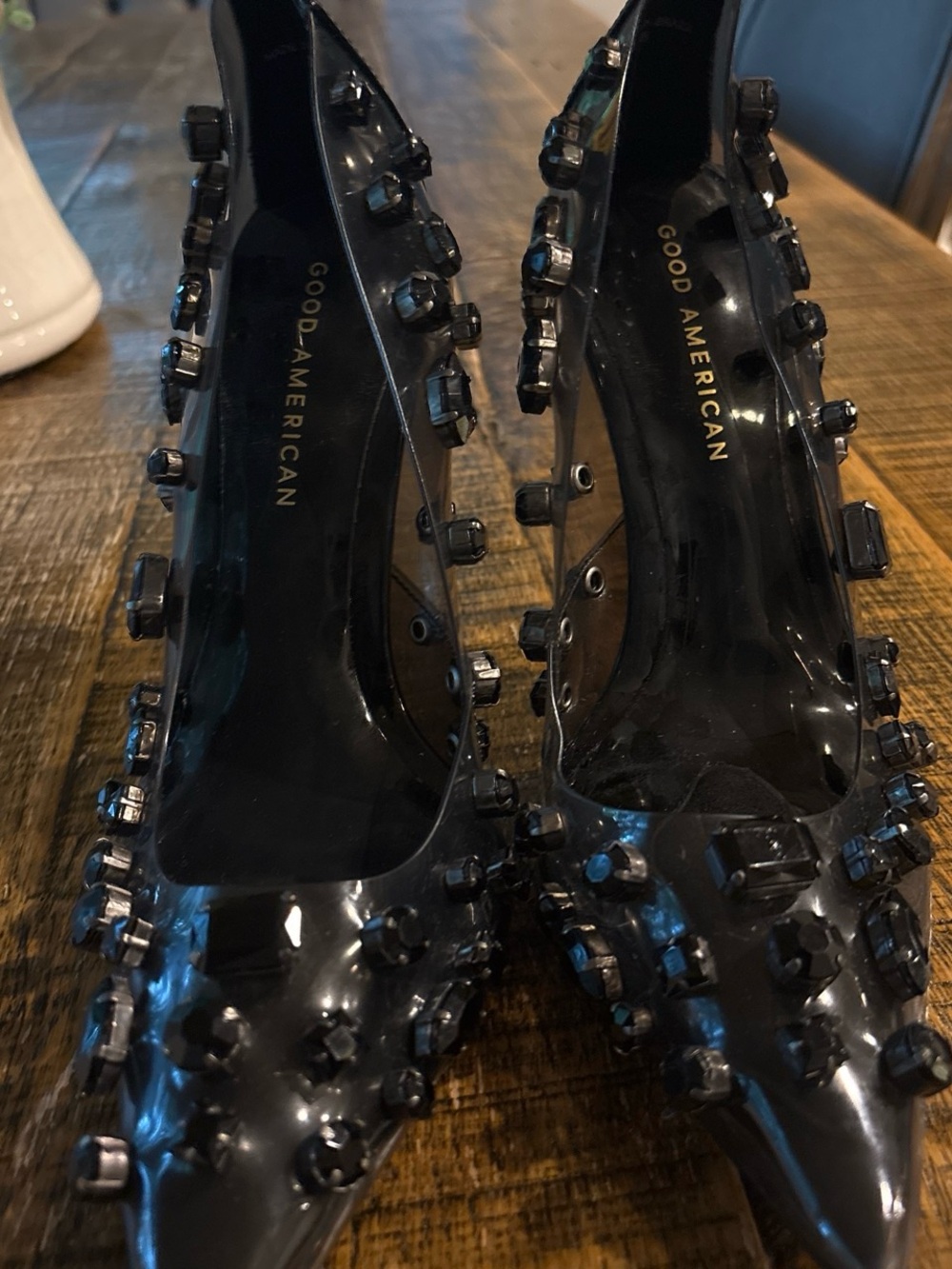 Good American Black Studded Patent Pointed Pumps